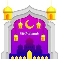 eenvoudige eid mubarak met moskee en lantaarn vector