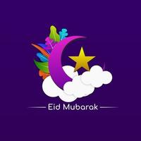 eid al-fitr. kleurrijk groet kaart ontwerp versierd met bladeren, maan, sterren en wolken Aan Purper helling achtergrond vector