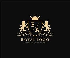 eerste eea brief leeuw Koninklijk luxe heraldisch, wapen logo sjabloon in vector kunst voor restaurant, royalty, boetiek, cafe, hotel, heraldisch, sieraden, mode en andere vector illustratie.