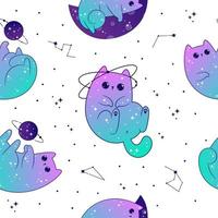 naadloos patroon met schattig katten ruimte hemel- met sterren en planeten. fantasie magisch kawaii vector. mystiek kinderkamer katje voor textiel, papier, kleding stof, achtergrond vector
