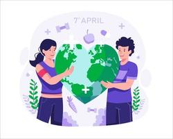 wereld Gezondheid dag. een Mens en een vrouw Holding een wereldbol wereld in de vorm van een hart. een paar vieren Gezondheid dag. vector illustratie