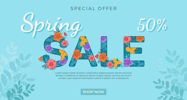 voorjaar uitverkoop banier sjabloon met kleurrijk bloemen Aan een blauw achtergrond. vector illustratie voor promoties, tijdschriften, reclame, web plaatsen. vector spandoek.