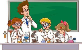 vector illustratie van lezing in chemie class.cartoon studenten en leraar aan het doen Onderzoek in laboratorium.