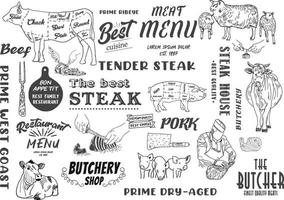 slagerij schoolbord gesneden van rundvlees set vector