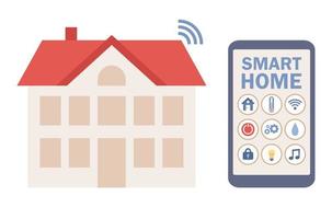 slim huis concept. automatisering gecentraliseerd controle van huis via smartphone app. intelligent systemen en technologieën. vector vlak illustratie