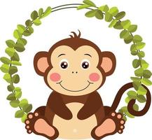 grappig aap in de kader van groen bladeren vector