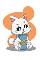 illustratie van witte kat frisdrankfles drinken vector