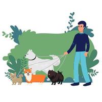 hond oppas samenstelling met buitenshuis landschap en tekening mannetje karakter wandelen drie honden met stadsgezicht achtergrond vector illustratie