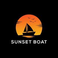 zonsondergang boot silhouet logo ontwerp met donker achtergronden, zeilboot vector teken symbool