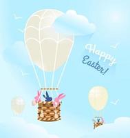 vector creatief gelukkig Pasen ansichtkaart. Pasen konijntjes op reis in een heet lucht ballon verzamelen eieren.