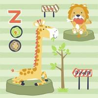 grappig giraffe eten bladeren, leeuw eten vlees, vector tekenfilm illustratie