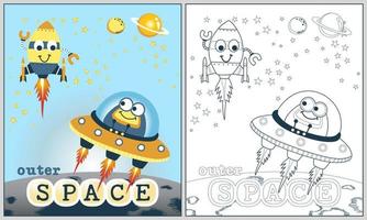 grappig buitenaards wezen Aan ruimteschip met grappig raket, vector tekenfilm illustratie, kleur boek of bladzijde