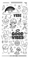 bw hip, koel hippie jaren 70 stickers. kleurrijk, grappig tekenfilm bloem, regenboog, fruit, huis, hart in retro psychedelisch stijl. geïsoleerd Aan wit achtergrond. vector