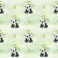 webschattig zittend panda Holding een bamboe blad, bamboe bladeren. naadloos patroon Aan een waterverf groen achtergrond. Aziatisch cultuur. voor textiel, verpakking, behang, ansichtkaarten. vector