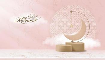 Islamitisch 3d podium met pluizig wolk, roze goud halve maan maan en ster hangende Aan marmeren muur achtergrond, horizontaal banier voor Product presentatie Ramadan kareem, eid al adha,eid mubarak, eid al fitr