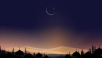 Ramadan kareem kaart, silhouet koepel moskeeën, halve maan maan ster Aan schemer hemel, vector religies symbolisch van Islamitisch voor genereus ramadan, nieuw maan, gebed tijd.eid mubarak, eid al adha,eid al fitr