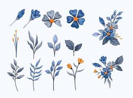 waterverf blauw bladeren en bloemen vector