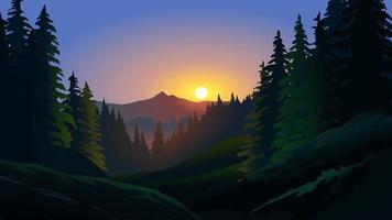 toneel- zonsondergang over- pijnboom Woud met berg in de afstand vector