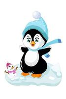 schattige polaire pinguïn met plezier in de sneeuw met een sneeuwpop, ontwerp cartoon vectorillustratie vector