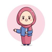 schattig hijab meisje in Welkom houding of tonen iets kawaii chibi vector