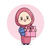 schattig hijab meisje met geschenk kawaii chibi vector