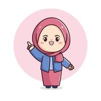 schattig hijab meisje met richten vinger in blauw en roze jurk chibi kawaii vector