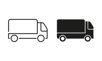 busje Verzending pakket silhouet en lijn icoon set. leveren vrachtwagen teken. lading snel levering onderhoud pictogram. vracht vrachtauto vervoer koerier symbool. bewerkbare hartinfarct. geïsoleerd vector illustratie.