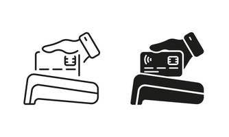 zonder contant geld betaling lijn en silhouet icoon set. draadloze geld transactie Aan pos pictogram. elektronisch aankoop betalen door credit kaart symbolen Aan wit achtergrond. geïsoleerd vector illustratie.