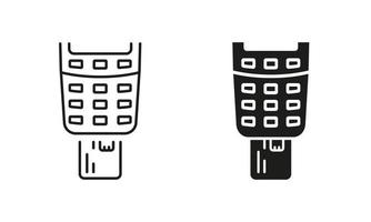 betaling terminal met ingevoegd credit kaart lijn en silhouet icoon set. bank onderhoud financieel transactie pictogram. invoegen kaart in pos symbool Aan wit achtergrond. geïsoleerd vector illustratie.