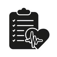 cardiologie diagnostisch document. diagnose verslag doen van silhouet icoon. geduldig medisch Vermelding glyph pictogram. Gezondheid informatie Aan klembord icoon. medicijnen controlelijst. geïsoleerd vector illustratie.