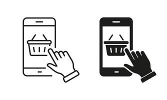 online winkel in mobiel app silhouet en lijn icoon set. mand en mobiele telefoon pictogram. smartphone en boodschappen doen kar icoon. digitaal winkel in slim telefoon. bewerkbare hartinfarct. geïsoleerd vector illustratie.