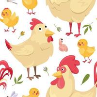 patroon kip en haan met kippen Aan een wit achtergrond. schattig kip familie met kippen in tekenfilm stijl Aan een geïsoleerd achtergrond. vector