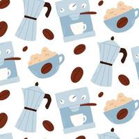 naadloos patroon met een kop van koffie, granen. koffie maker en machine. vlak stijl. vector illustratie. keuken afdrukken.
