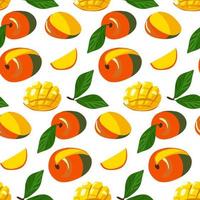 een patroon met vers helder exotisch geheel en gesneden mango geïsoleerd Aan een wit achtergrond zomer fruit voor een gezond levensstijl. biologisch vruchten. tekenfilm stijl. vector illustratie voor ieder ontwerp