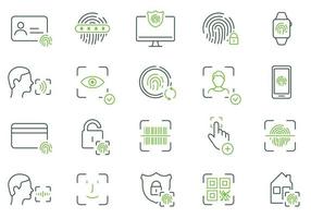 biometrisch identificatie lijn icoon set. gezicht ID kaart, tintje ID kaart kleur pictogrammen. vingerafdruk, gelaats identiteit wachtwoord schets symbool. veiligheid verificatie. bewerkbare hartinfarct. geïsoleerd vector illustratie.