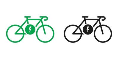 elektrisch fiets, ecologisch vervoer Aan elektronisch energie groen en zwart glyph pictogram set. eco hybride fiets pictogrammen. ebike teken. ecologie elektro macht silhouet icoon. geïsoleerd vector illustratie.