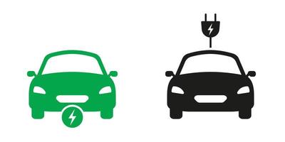 eco hybride vervoer solide teken set. elektrisch auto met plug ecologie voertuig glyph icoon. ev vervoer. elektro voertuig met oplader silhouet pictogram set. geïsoleerd vector illustratie.