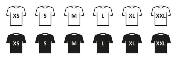 t-shirt grootte zwart silhouet en lijn pictogrammen set. menselijk kleding grootte label. Mens of vrouw t-shirt grootte label. geïsoleerd vector illustratie.