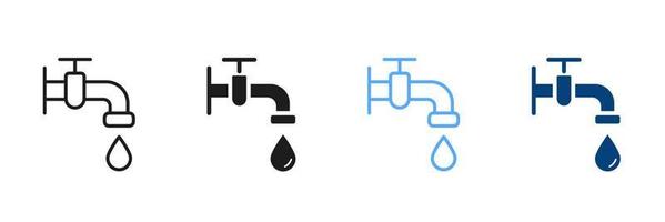 kraan en laten vallen van water zwart en kleur pictogram. water kraan met klassiek klep silhouet en lijn icoon set. badkamer symbool openbaar onderhoud, loodgieter symbool verzameling. vector geïsoleerd illustratie.