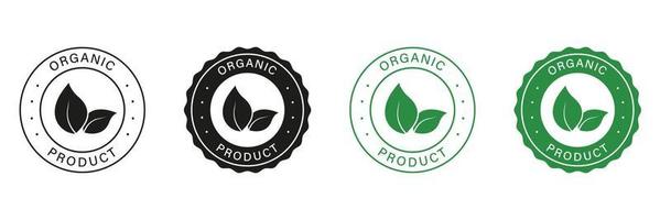 biologisch voedsel etiket set. bio gezond eco voedsel lijn en silhouet tekens. 100 procent biologisch groen en zwart pictogrammen. natuurlijk en ecologie Product veganistisch voedsel sticker. geïsoleerd vector illustratie.