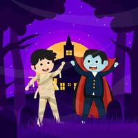 gelukkig halloween achtergrond ontwerp vector met kinderen in halloween verband en vampier kostuums.
