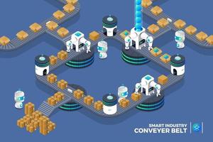 fabriekstransportband met automatisering voor slimme verpakkingen. productie van robotarmen op transporterlijn. isometrische vector
