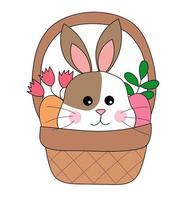 Pasen konijn. de konijn zit in mand met bloemen en eieren. illustratie vector dieren voor pictogrammen, stickers, ansichtkaarten.
