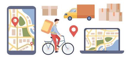 levering icoon set. online bestellen bijhouden in smartphone app en web plaats Aan laptop. vrachtwagen, dozen en fiets koerier. vector vlak illustratie