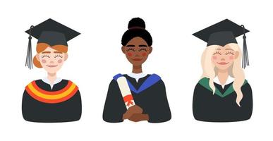 portretten van vrouw studenten in diploma uitreiking jurken en kappen. een leerling met een diploma in haar handen. illustratie in vlak stijl. vector illustratie