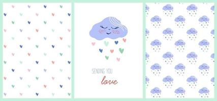 schattig prints voor baby douche, verjaardag en Valentijnsdag dag. slapen wolk met harten regenen, patronen en tekst Bezig met verzenden u liefde. hand- getrokken vector kunstwerken.