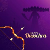 gelukkig dussehra poster ontwerp met boogschieten of boog en silhouet demon ravana Holding zwaard Aan Purper achtergrond. vector