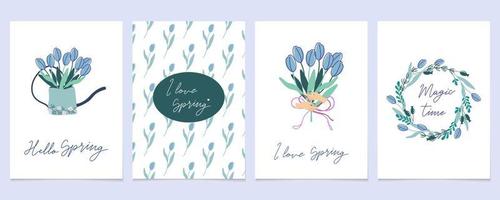 Hallo voorjaar groet kaarten reeks met bloemen en handgeschreven belettering. minimalistische stijl modern vector prints in zacht kleuren.