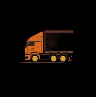 levering bestelwagens. reclame vrachtauto uitdrukken levering onderhoud. vrachtauto vector illustratie, oranje achtergrond