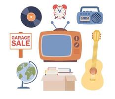 garage uitverkoop icoon set. vlo markt. werf uitverkoop. wijnoogst goederen of vod eerlijk. bazaar. vector vlak illustratie